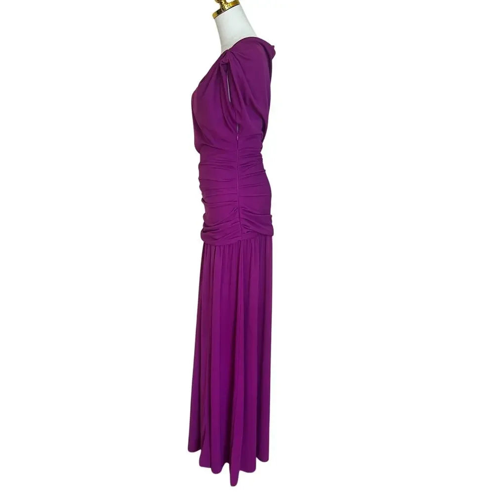 Tanya Taylor Magenta Ruched Gown SIZE 4 Cut Out Asymmetric Slit Designer $600 - Picture 8 of 12
